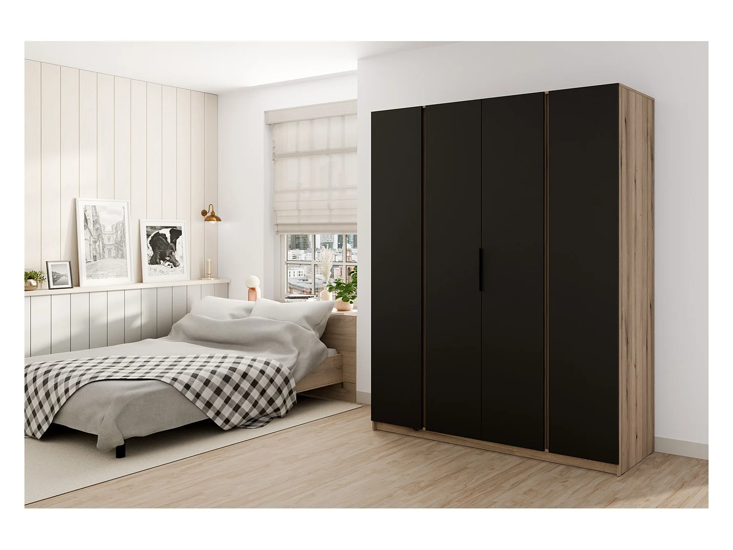 Kleiderschrank - 200 cm - schwarz/Eiche - KAJA