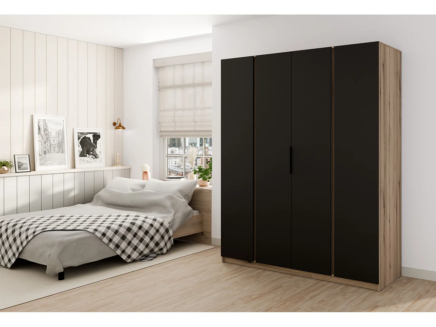 Armoire 4 portes - 200 cm - noir / chêne evoke - KAJA