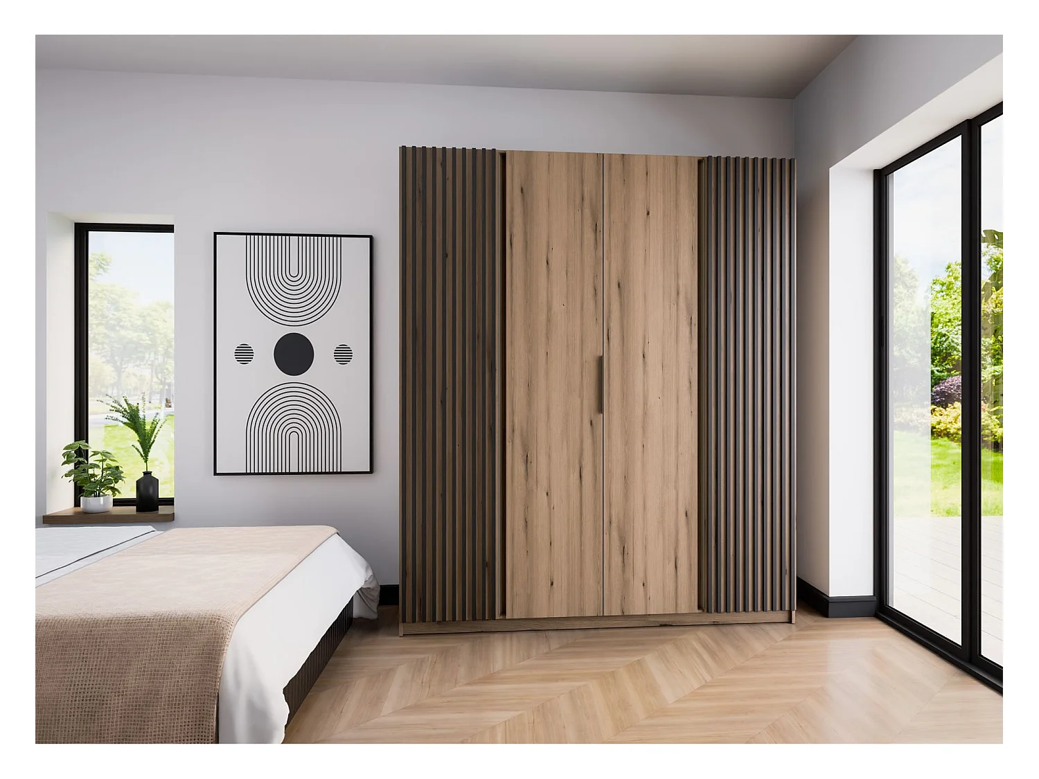 Kleiderschrank mit seitlichen Lamellen - 200 cm - Eiche/schwarz - KAJA