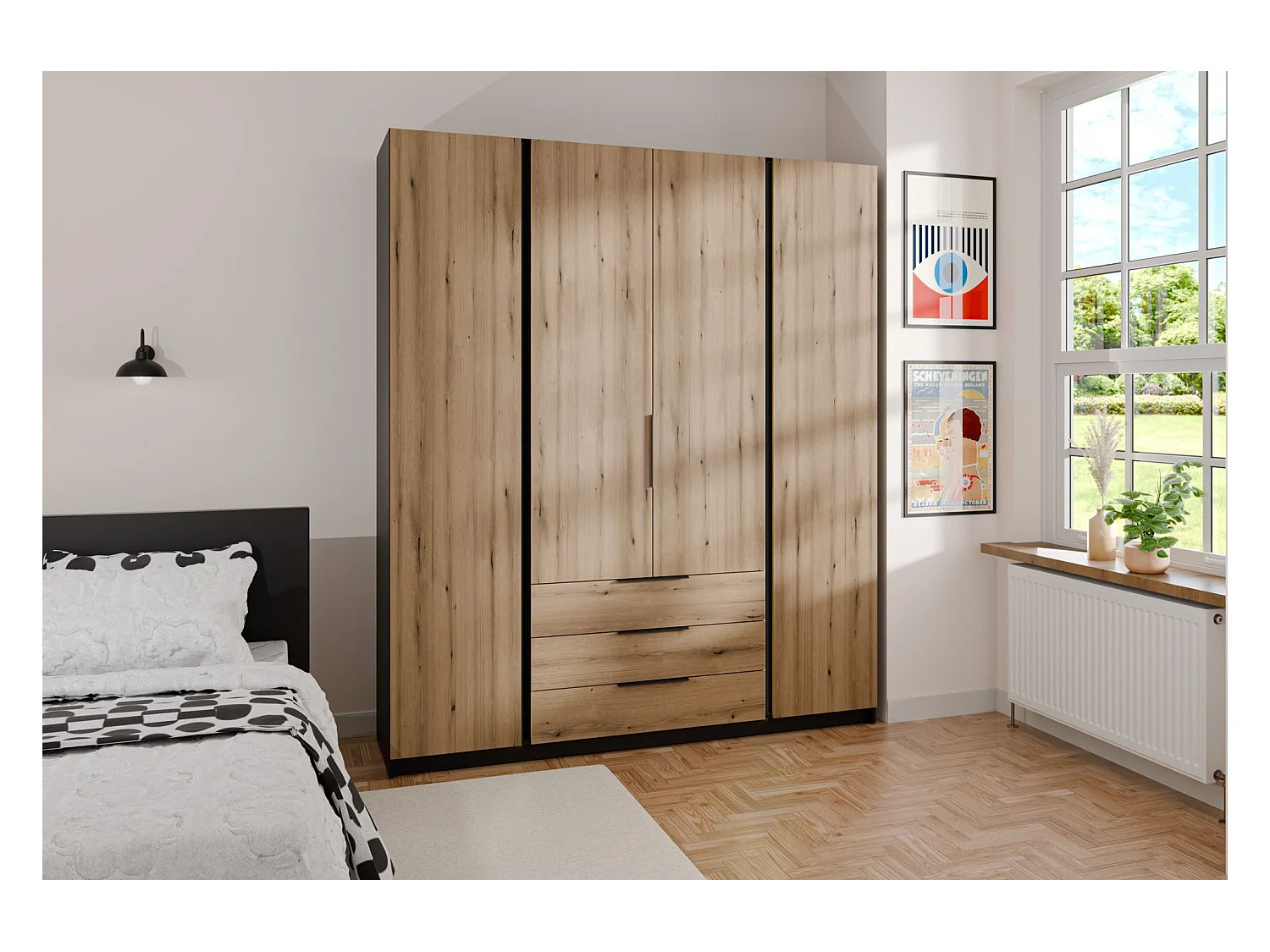 Kleiderschrank mit 3 Schubladen - 200 cm - Eiche/schwarz - KAJA