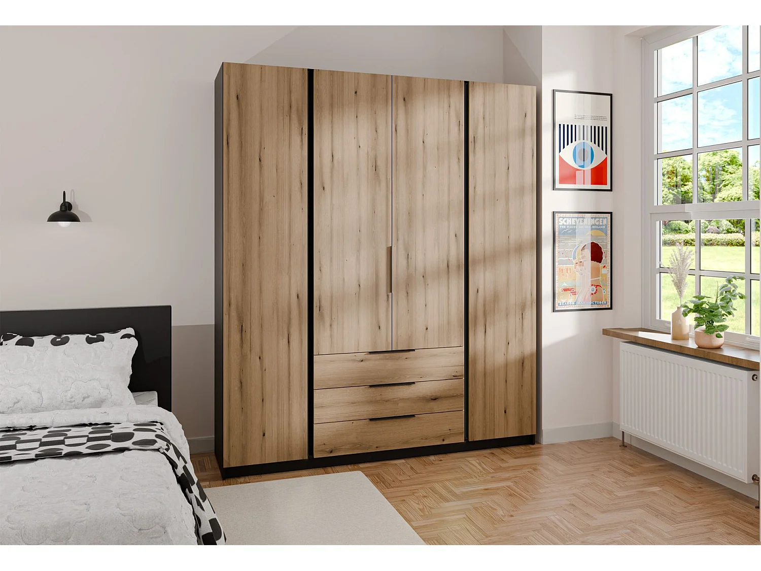 Armoire à 4 portes avec 3 tiroirs - 200 cm - chêne evoke/noir - KAJA