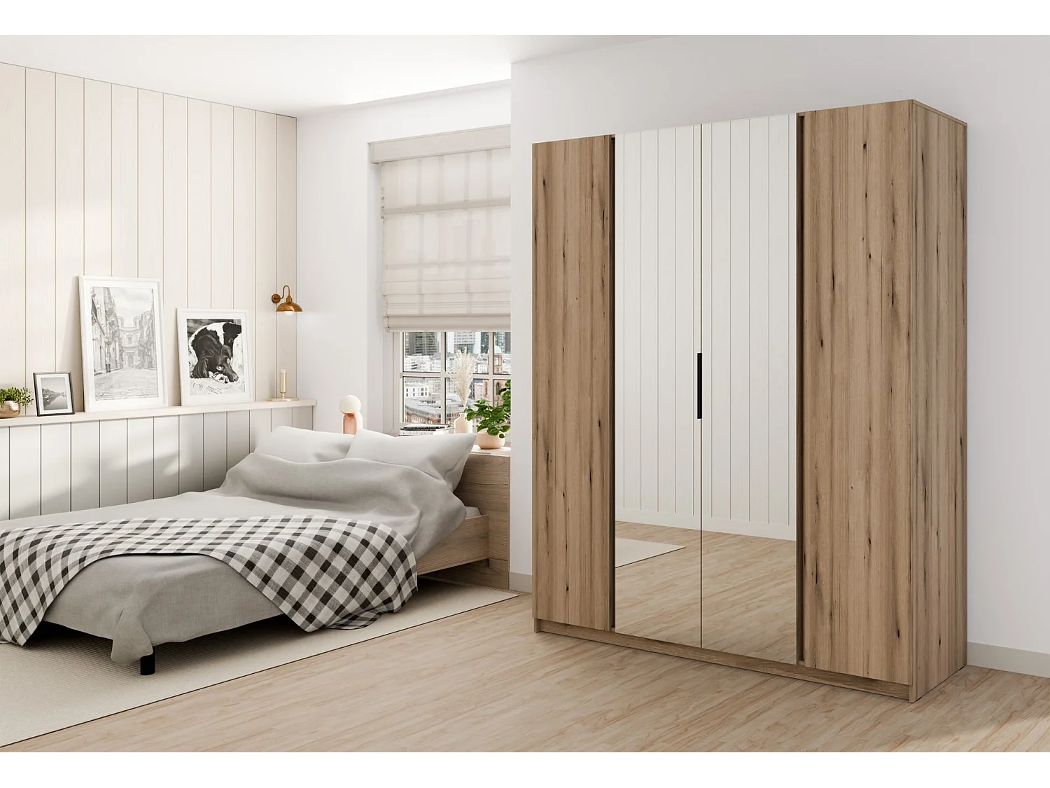 Armoire 4 portes avec miroir - 200 cm - chêne evoke - KAJA