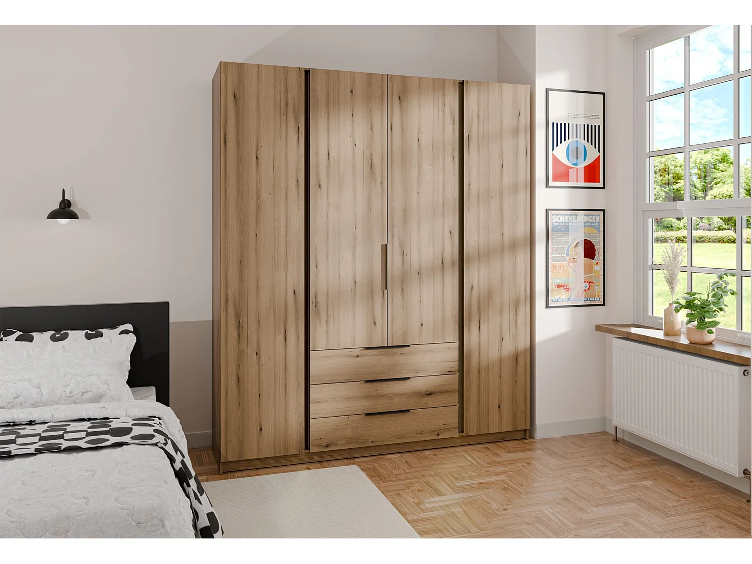 Armoire à 4 portes avec 3 tiroirs - 200 cm - chêne evoke - KAJA