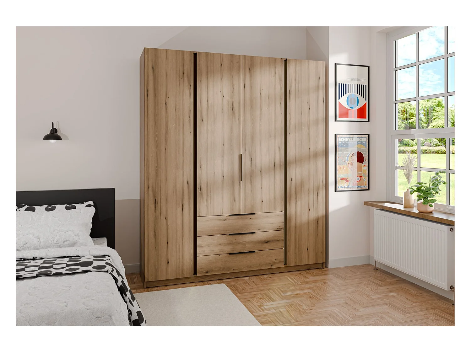 Kleiderschrank mit 3 Schubladen - 200 cm - Eiche - KAJA