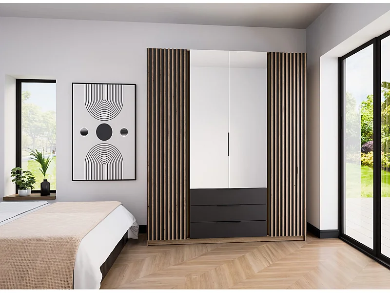 Kleiderschrank mit Lamellen - Spiegel - Schubladen - 200 cm - schwarz/Eiche - KAJA