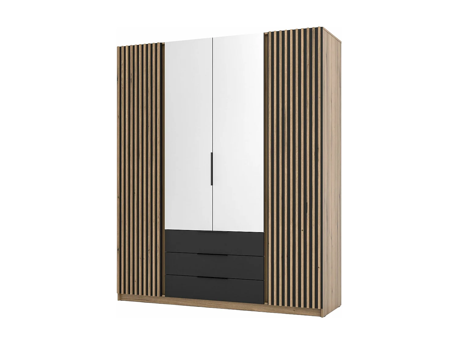 Armoire avec lamelles miroir et 3 tiroirs - 200 cm - noir / chêne evoke - KAJA