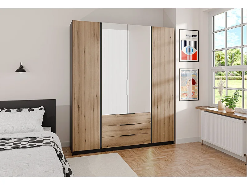 Armoire avec miroir et 3 tiroirs - 200 cm - chêne evoke/noir - KAJA