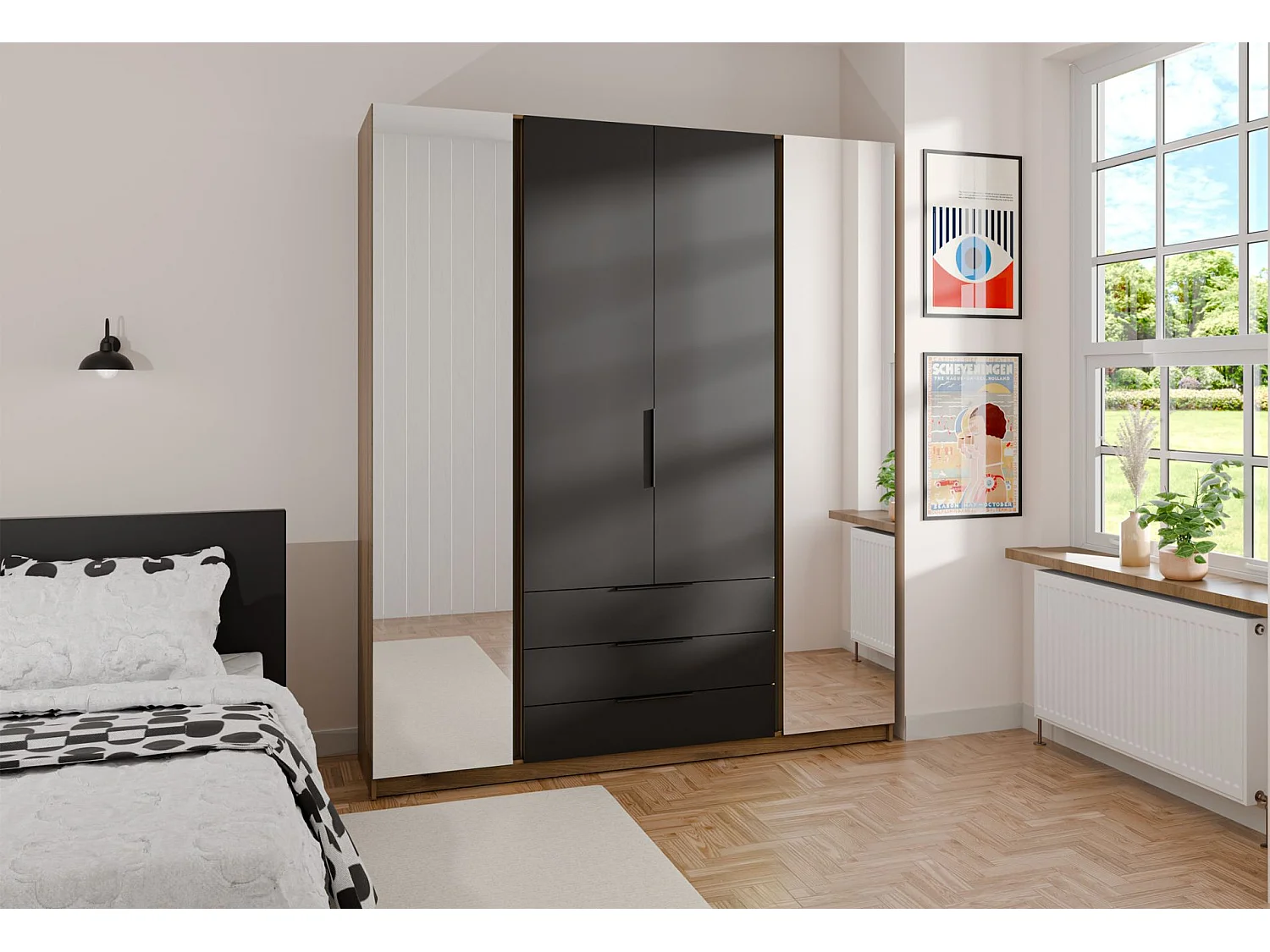 Armoire avec 2 miroirs et 3 tiroirs - 200 cm - noir / chêne evoke - KAJA