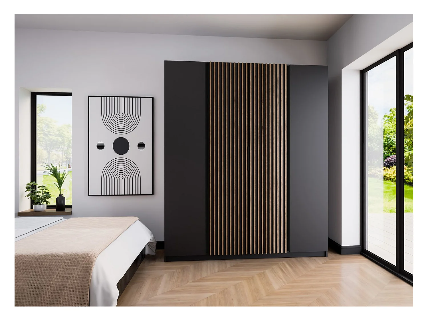 Kleiderschrank mit Lamellen in der Mitte - 200 cm - schwarz - KAJA