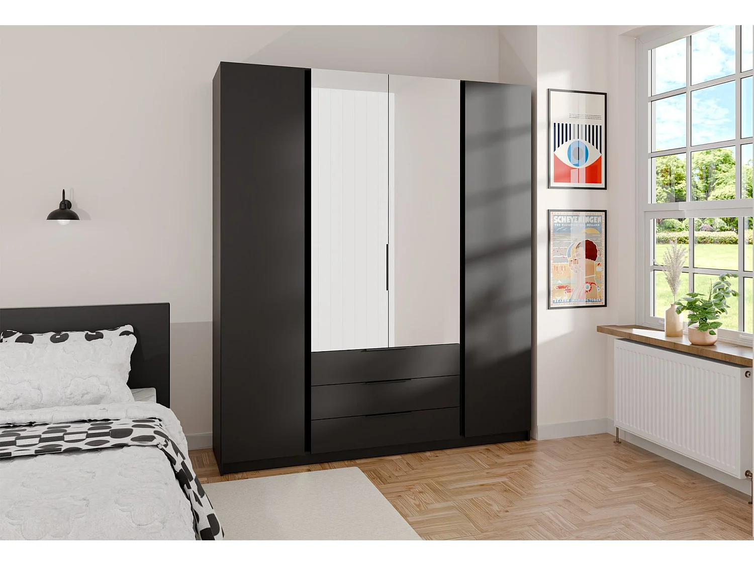 Armoire avec miroir et 3 tiroirs - 200 cm - noir - KAJA