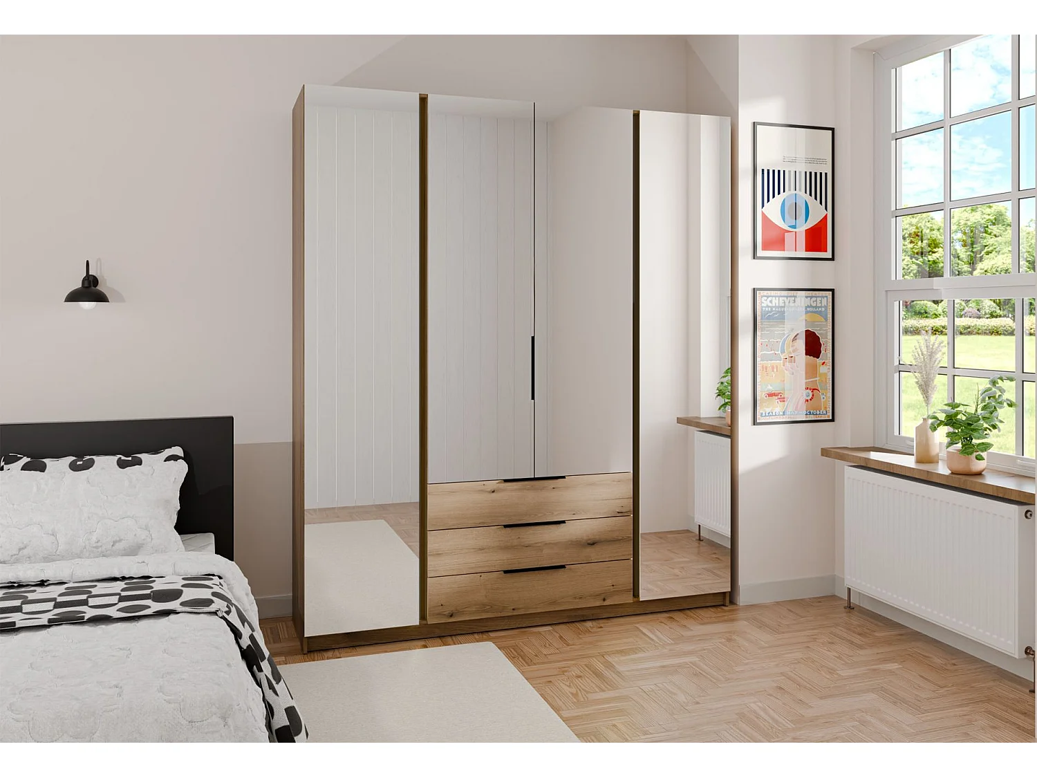 Armoire 4 portes avec miroirs et 3 tiroirs - 200 cm - chêne evoke - KAJA