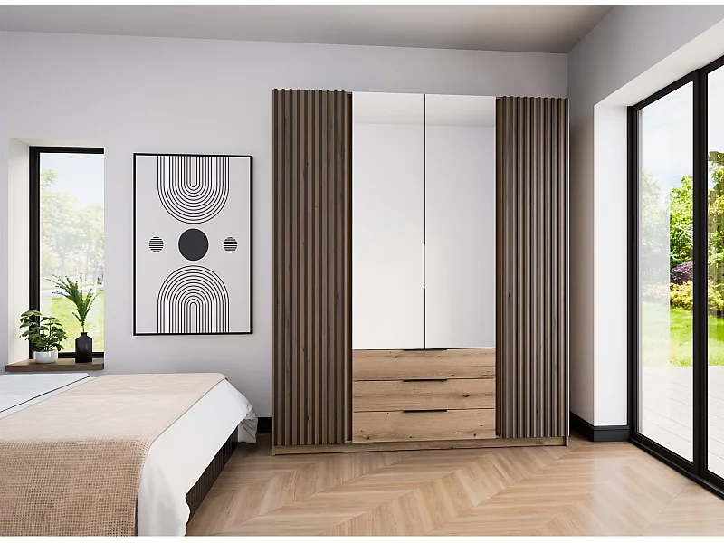 Kleiderschrank mit Lamellen - Spiegel - Schubladen - 200 cm - Eiche - KAJA