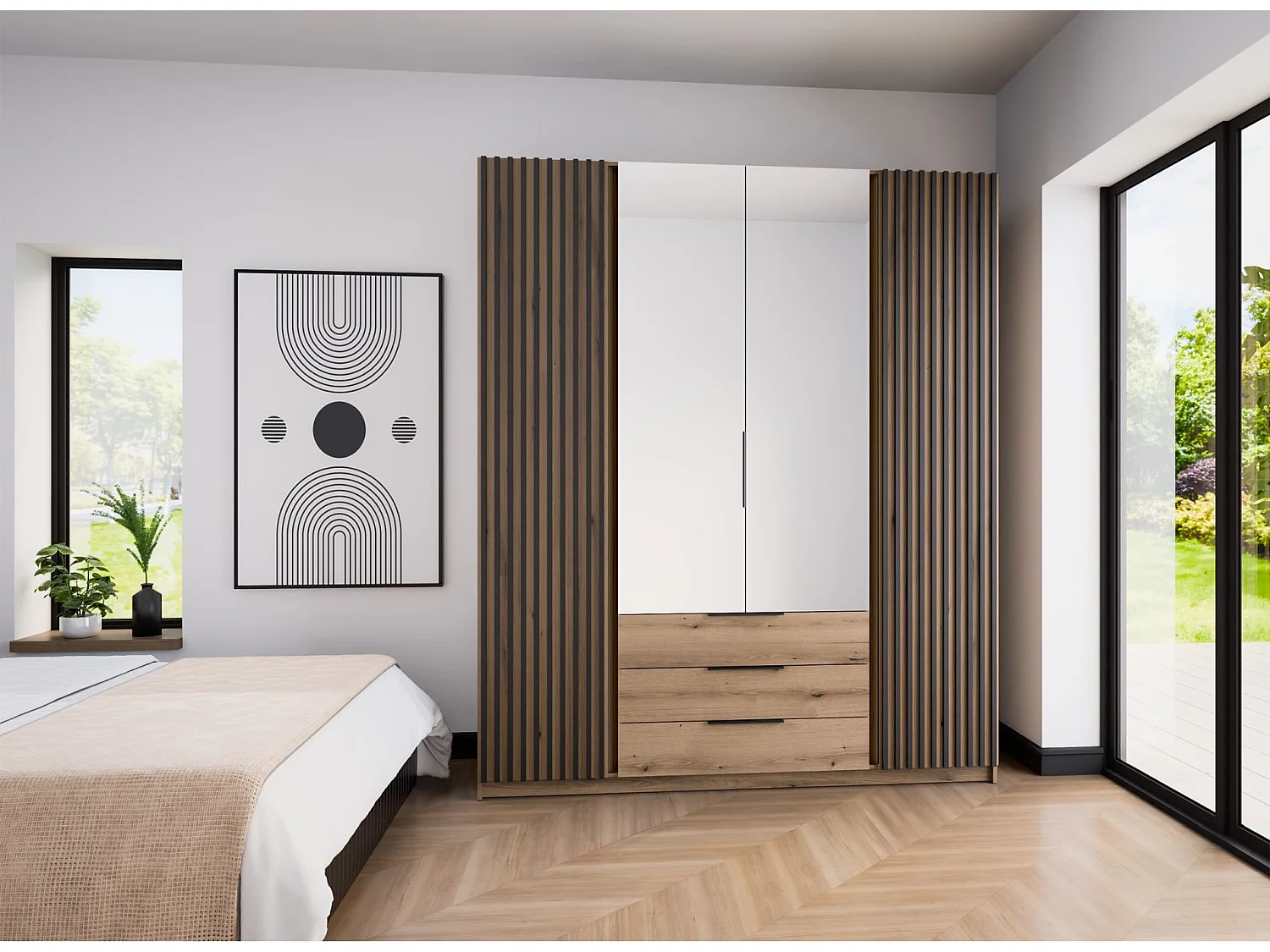 Kleiderschrank mit Lamellen - Spiegel - Schubladen - 200 cm - Eiche - KAJA