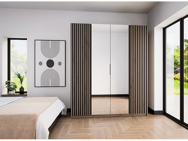 Kleiderschrank mit seitlichen Lamellen - Spiegel - 200 cm - schwarz/Eiche - KAJA