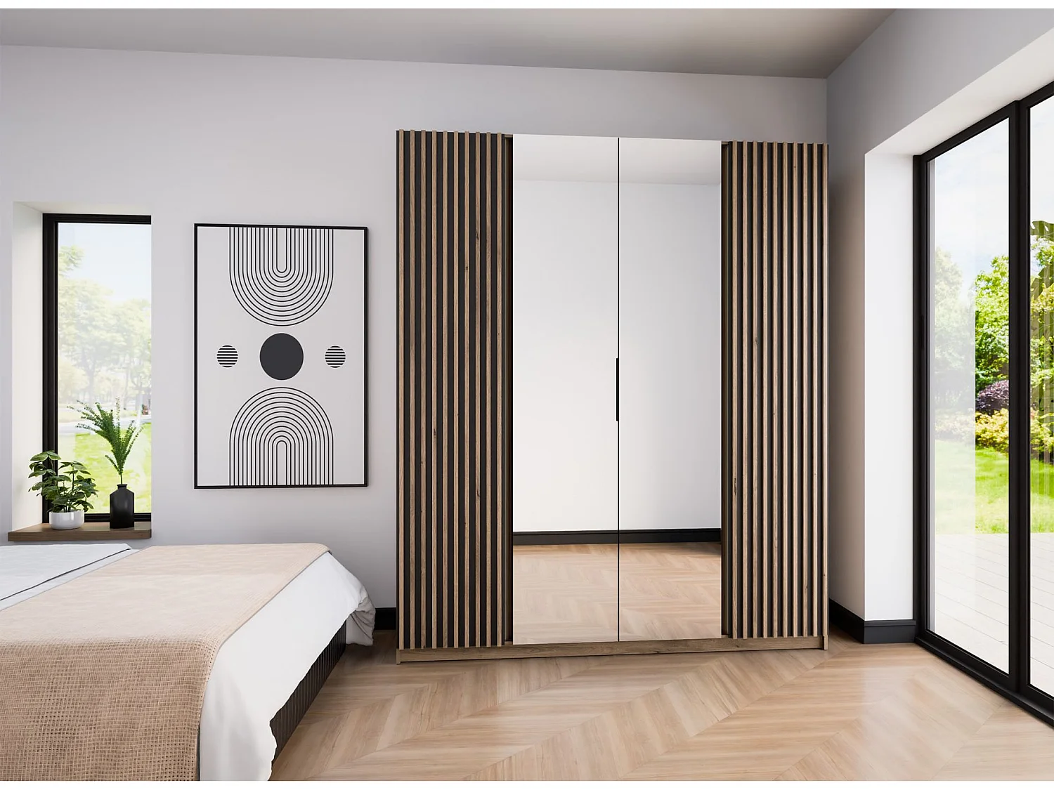 Armoire 4 portes avec miroir intérieur - 200 cm - noir / chêne evoke - KAJA