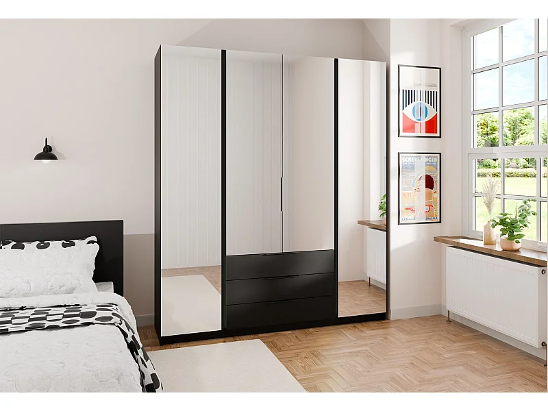 Armoire 4 portes avec miroirs et 3 tiroirs - 200 cm - noir- KAJA