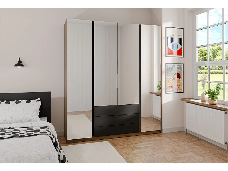Armoire 4 portes avec miroirs et 3 tiroirs - 200 cm - noir/chêne evoke - KAJA