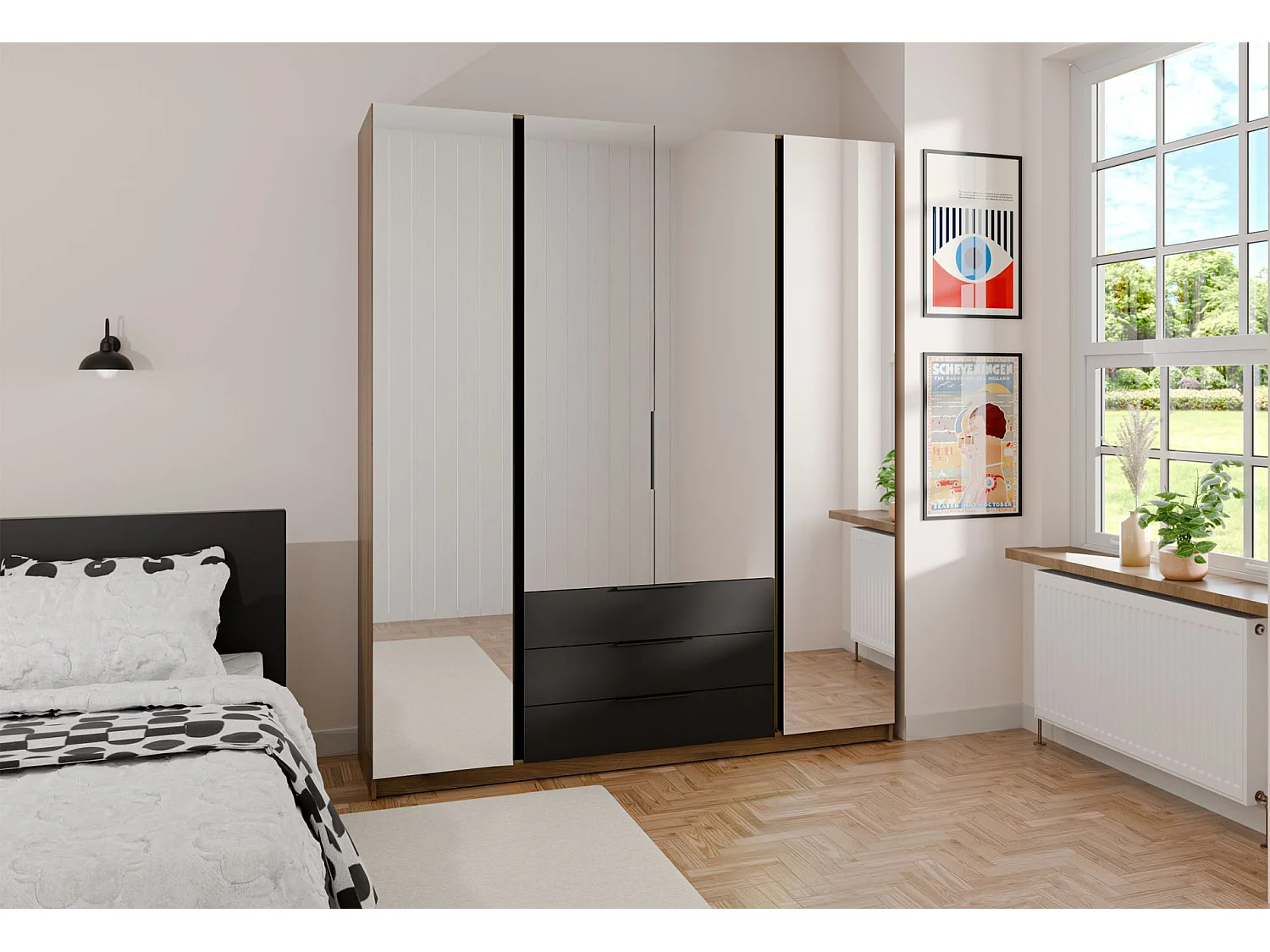 Armoire 4 portes avec miroirs et 3 tiroirs - 200 cm - noir/chêne evoke - KAJA