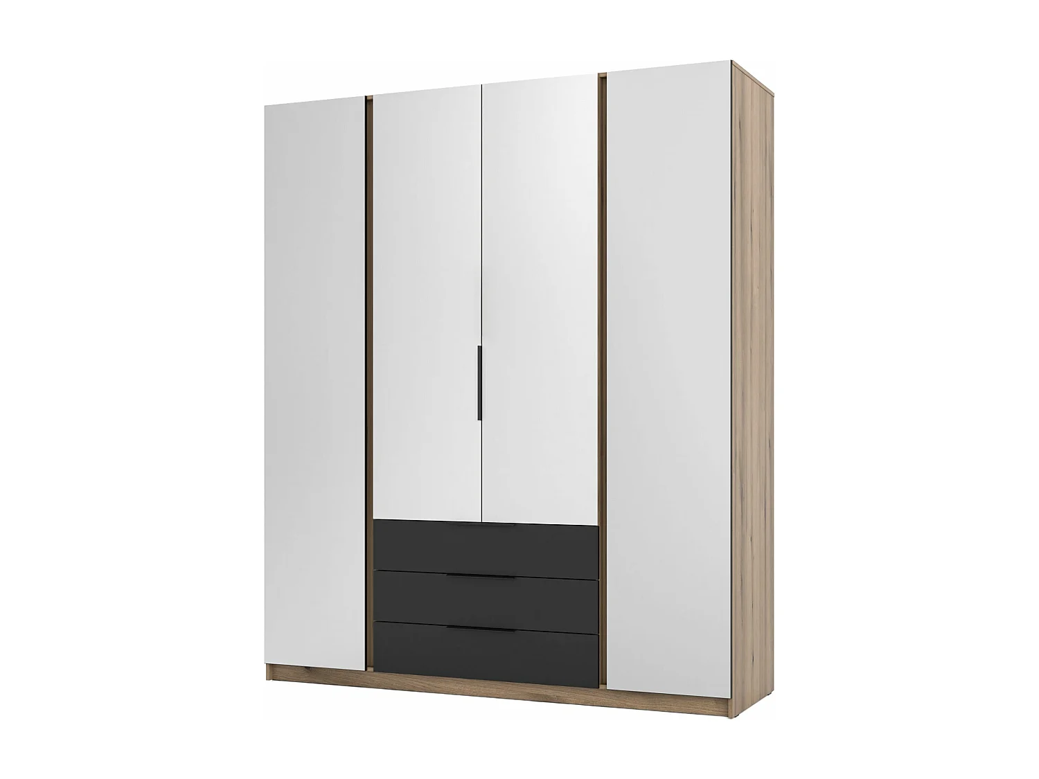 Armoire 4 portes avec miroirs et 3 tiroirs - 200 cm - noir/chêne evoke - KAJA