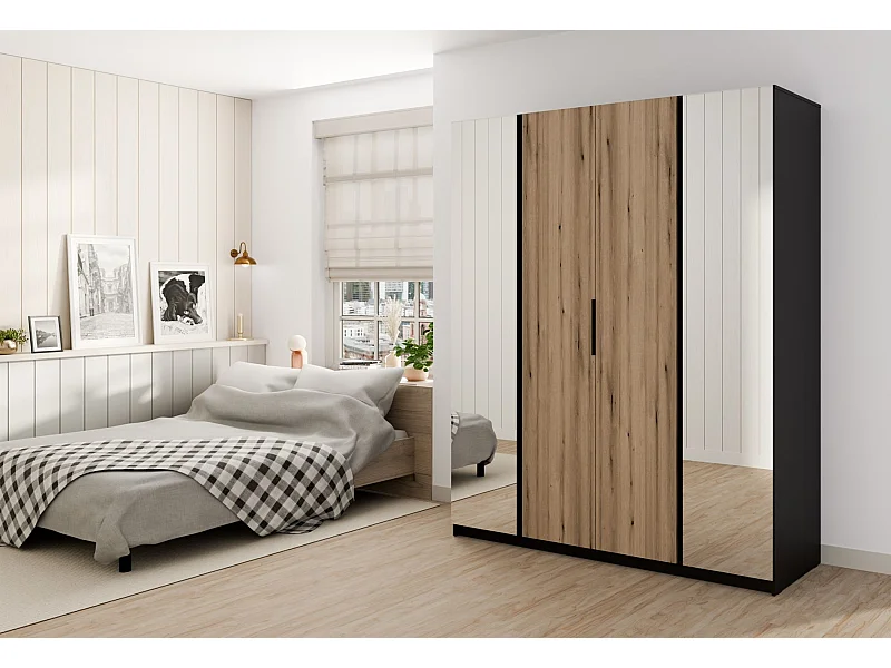 Armoire 4 portes avec 2 miroirs - 200 cm - chêne evoke/noir - KAJA