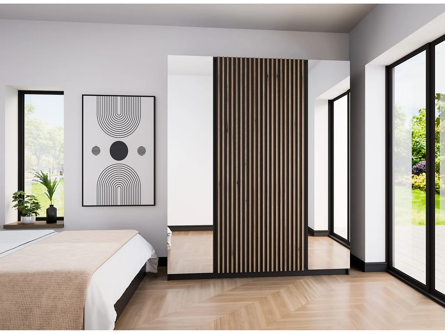 Armoire 4 portes avec lames et 2 miroirs - 200 cm - noir - KAJA