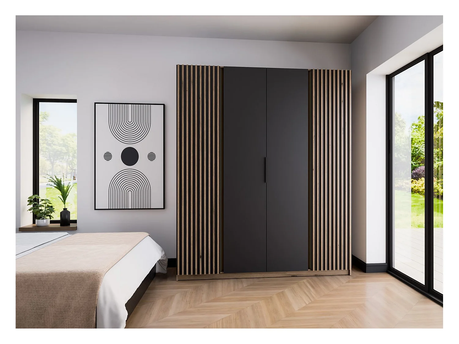 Kleiderschrank mit seitlichen Lamellen - 200 cm - schwarz/Eiche - KAJA