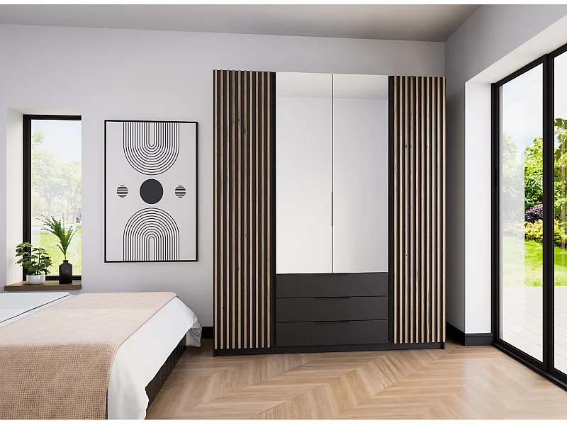 Kledingkast met spiegellamellen en 3 lades - 200 cm - zwart - KAJA