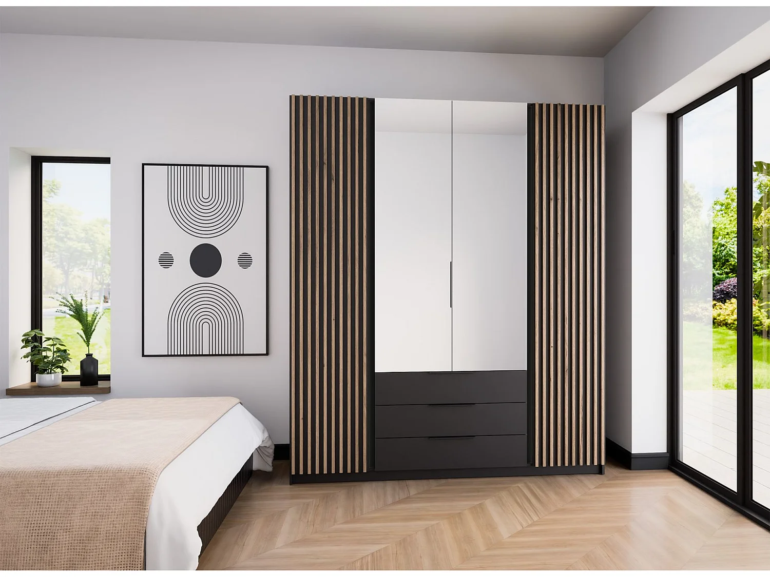 Armoire avec lamelles miroir et 3 tiroirs - 200 cm - noir - KAJA