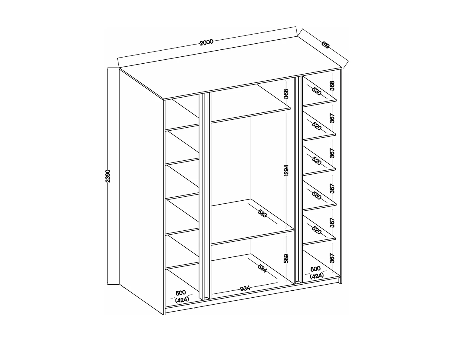 Armoire avec lamelles miroir et 3 tiroirs - 200 cm - noir - KAJA