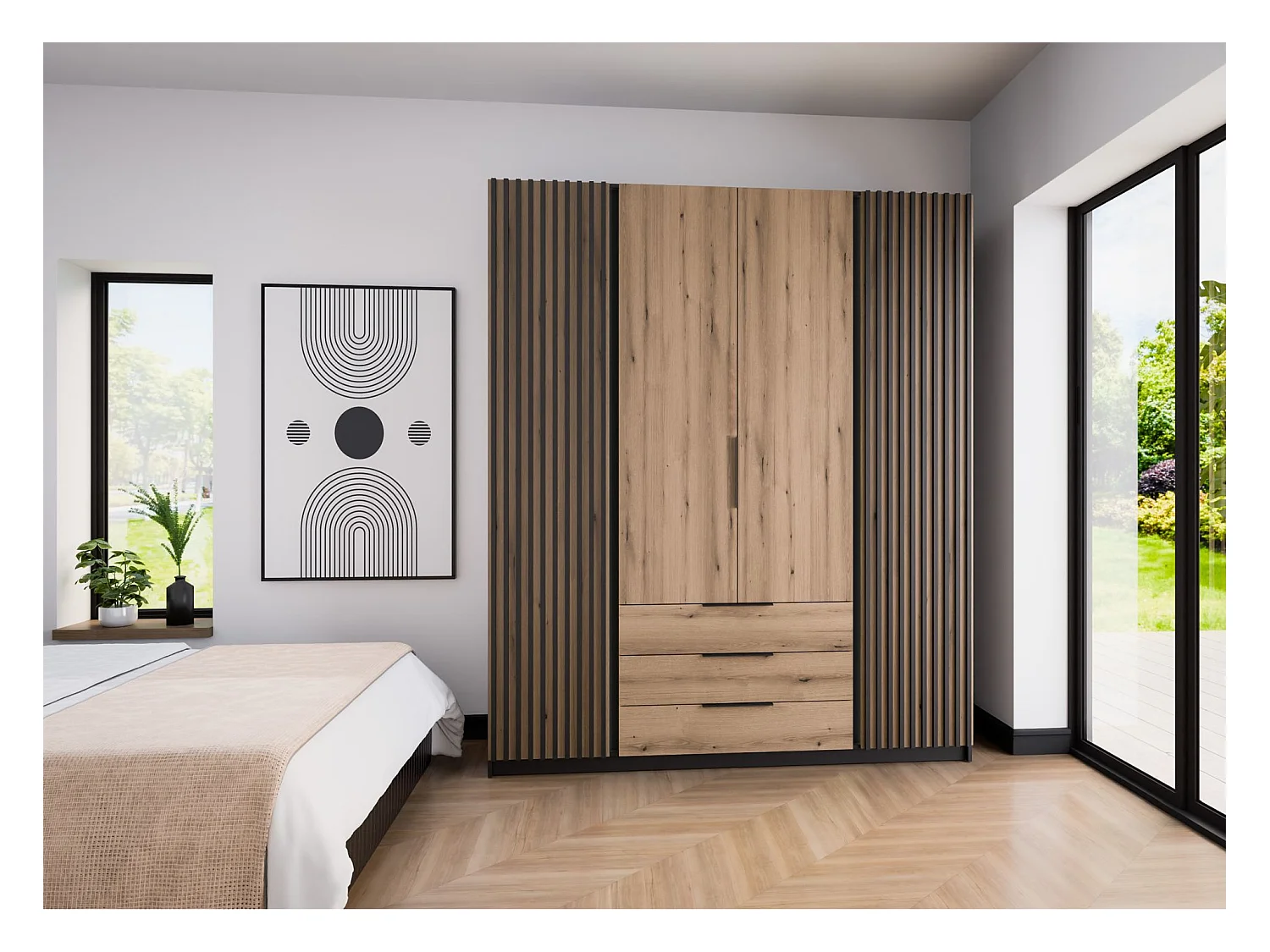 Kleiderschrank mit Lamellen und 3 Schubladen - 200 cm - Eiche/schwarz - KAJA