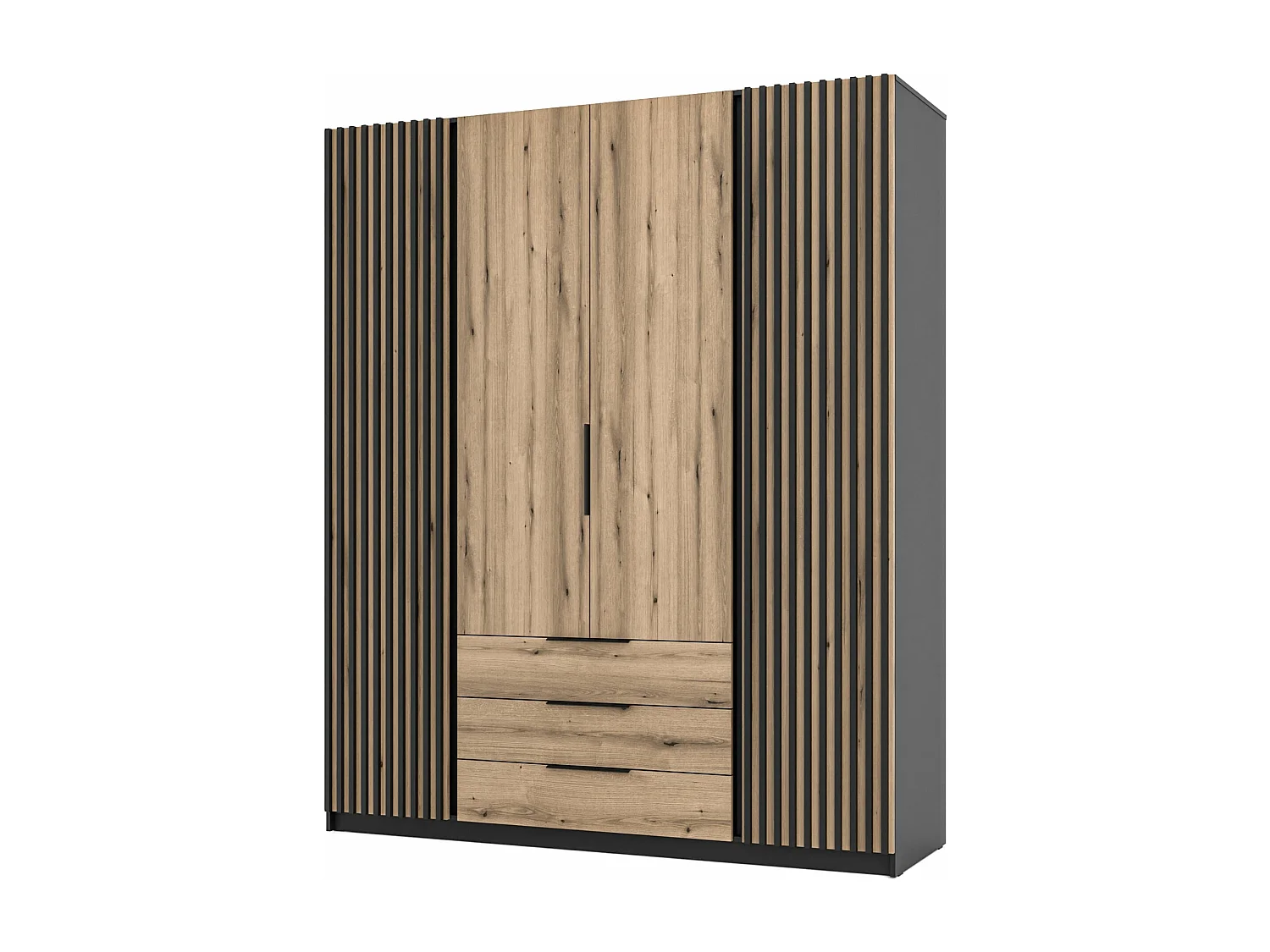 Armoire à 4 portes avec lamelles et 3 tiroirs - 200 cm - chêne evoke/noir - KAJA