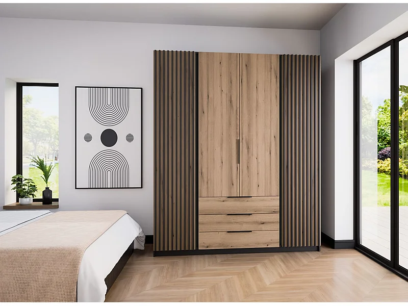 Armoire à 4 portes avec lamelles et 3 tiroirs - 200 cm - chêne evoke/noir - KAJA