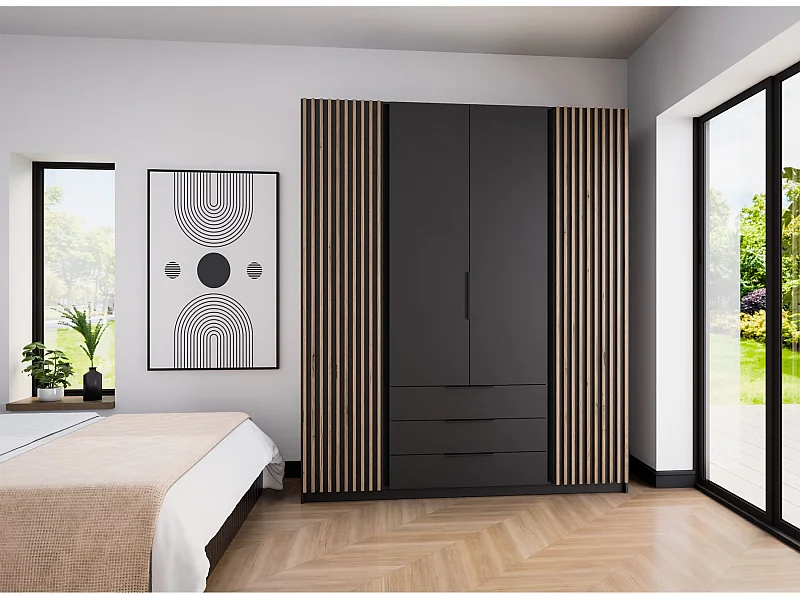 Kleiderschrank mit Lamellen und 3 Schubladen - 200 cm - schwarz - KAJA