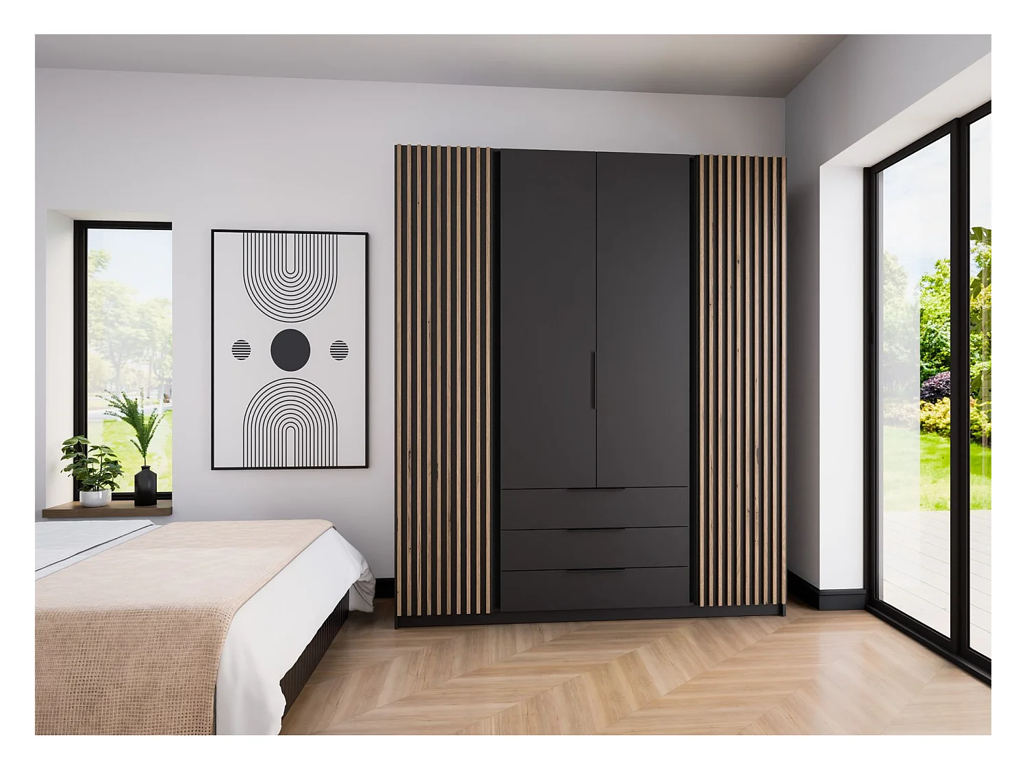 Kleiderschrank mit Lamellen und 3 Schubladen - 200 cm - schwarz - KAJA