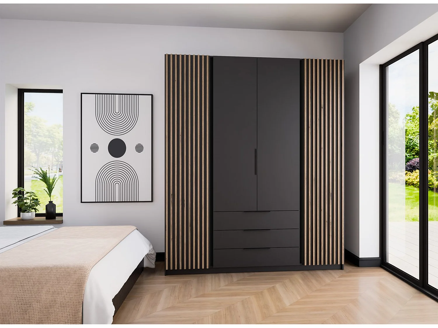 Armoire à 4 portes avec lamelles et 3 tiroirs - 200 cm - noir - KAJA