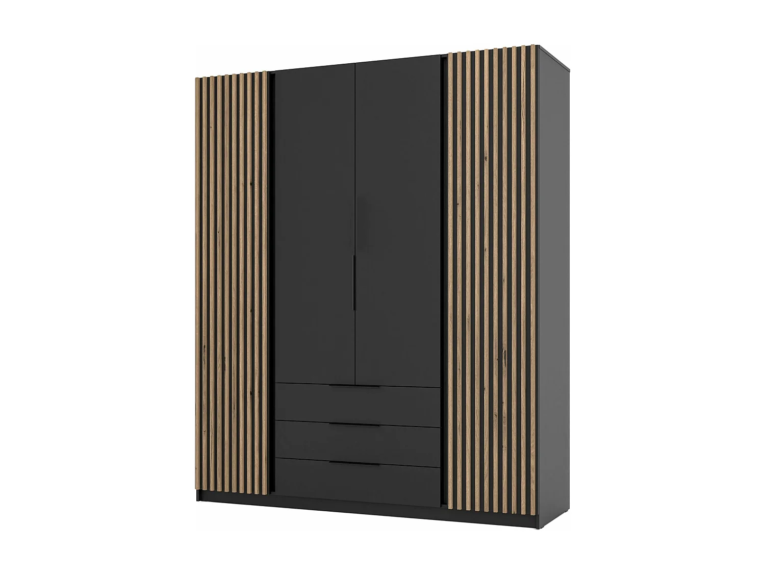 Armoire à 4 portes avec lamelles et 3 tiroirs - 200 cm - noir - KAJA