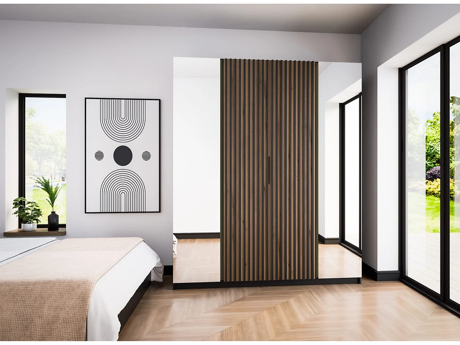 Kleiderschrank mit Lamellen und 2 Spiegeln - 200 cm - Eiche/schwarz - KAJA