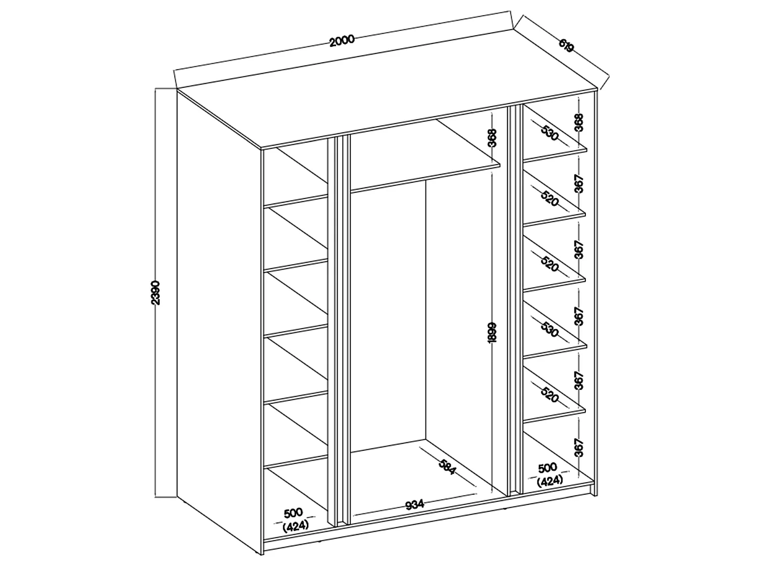 4-deurs kledingkast met binnenspiegel - 200 cm - zwart - KAJA