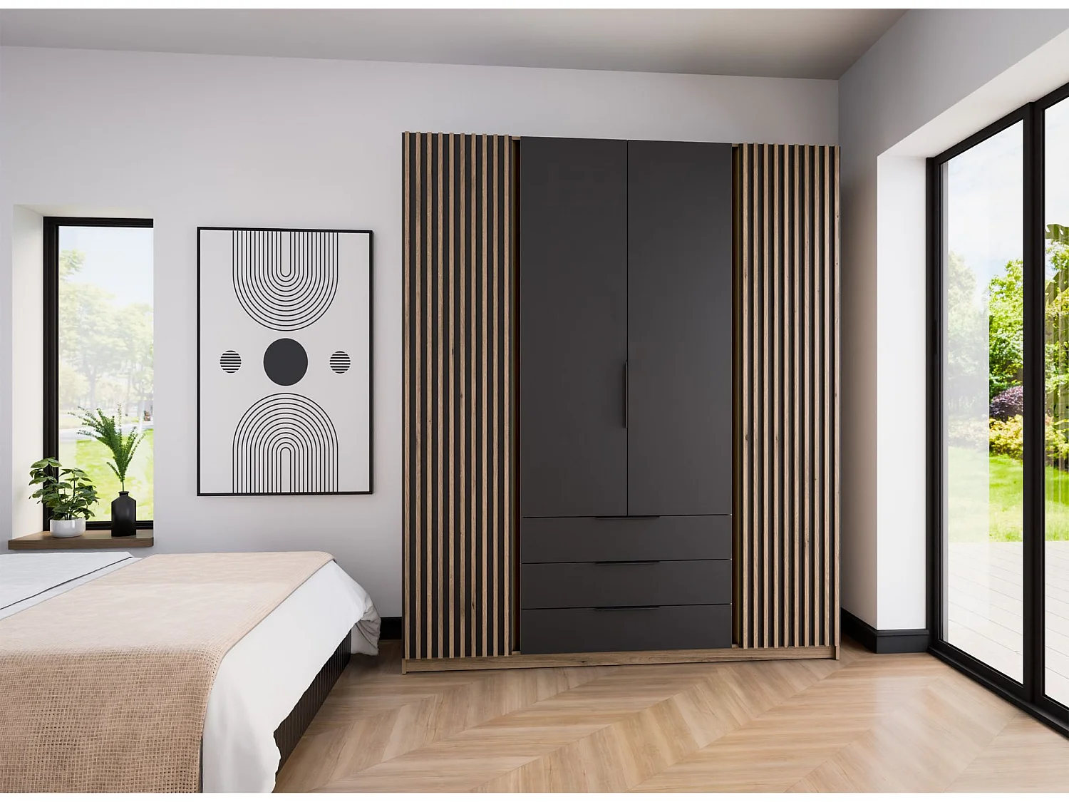 4-deurs kledingkast met lamellen en 3 lades - 200 cm - zwart/eikenhout - KAJA