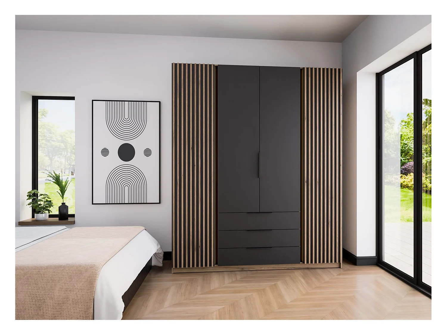 Kleiderschrank mit Lamellen und 3 Schubladen - 200 cm - schwarz/Eiche - KAJA