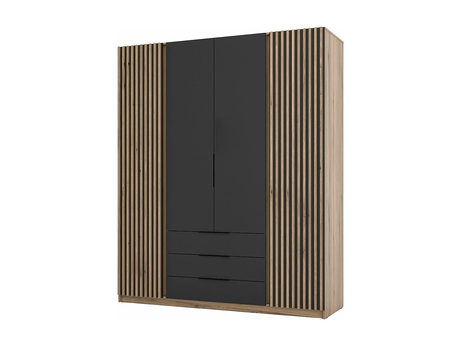 4-deurs kledingkast met lamellen en 3 lades - 200 cm - zwart/eikenhout - KAJA