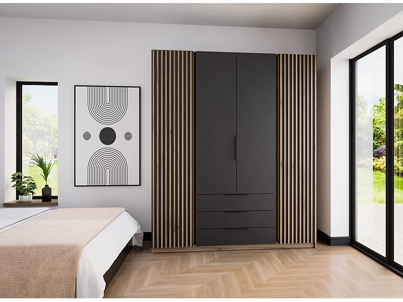 Armoire à 4 portes avec lamelles et 3 tiroirs - 200 cm - noir/chêne evoke - KAJA