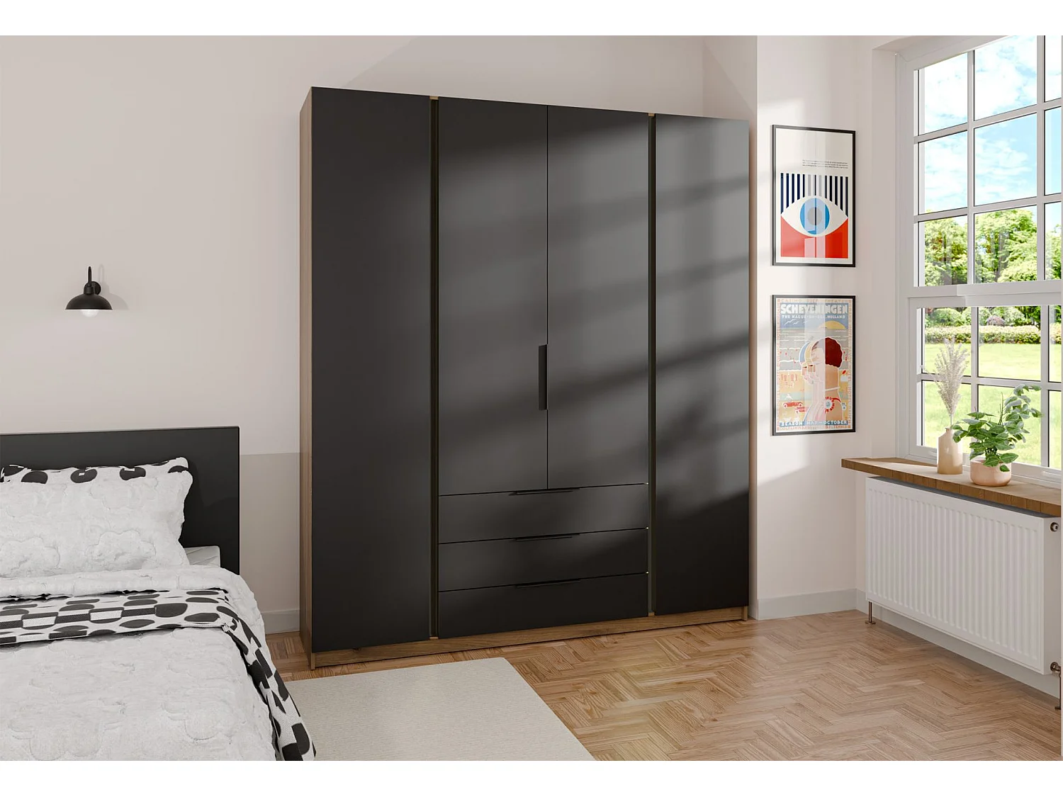 Kleiderschrank mit 3 Schubladen - 200 cm - schwarz/Eiche - KAJA