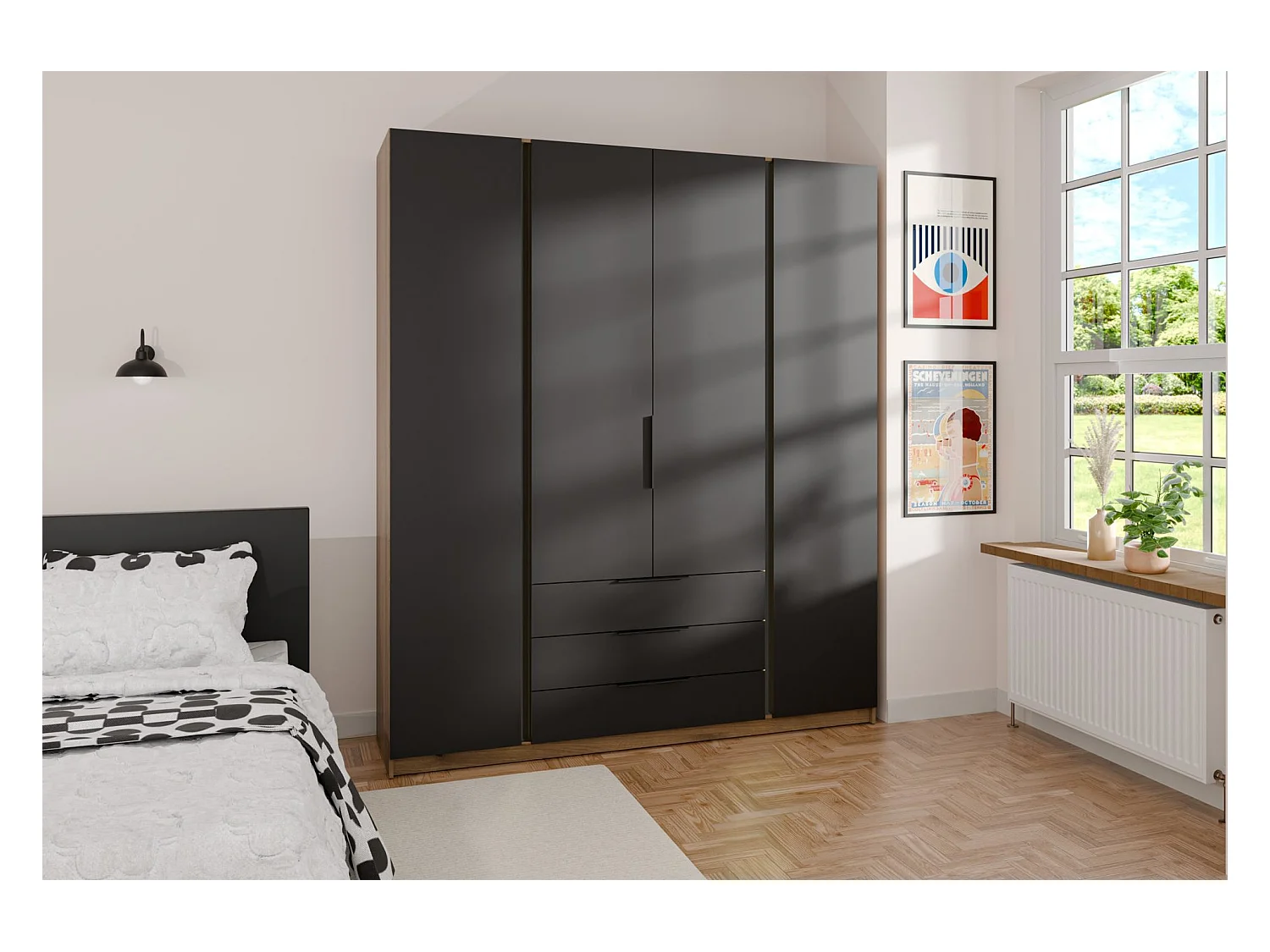 Kleiderschrank mit 3 Schubladen - 200 cm - schwarz/Eiche - KAJA