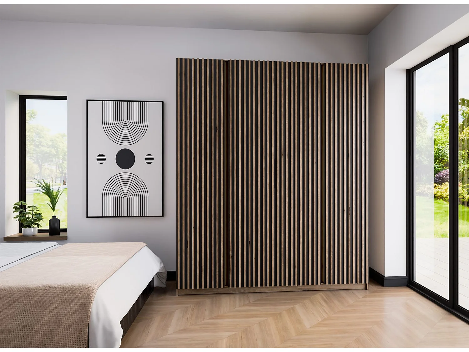 4-deurs kledingkast met lamellen - 200 cm - zwart / eiken evoke - KAJA