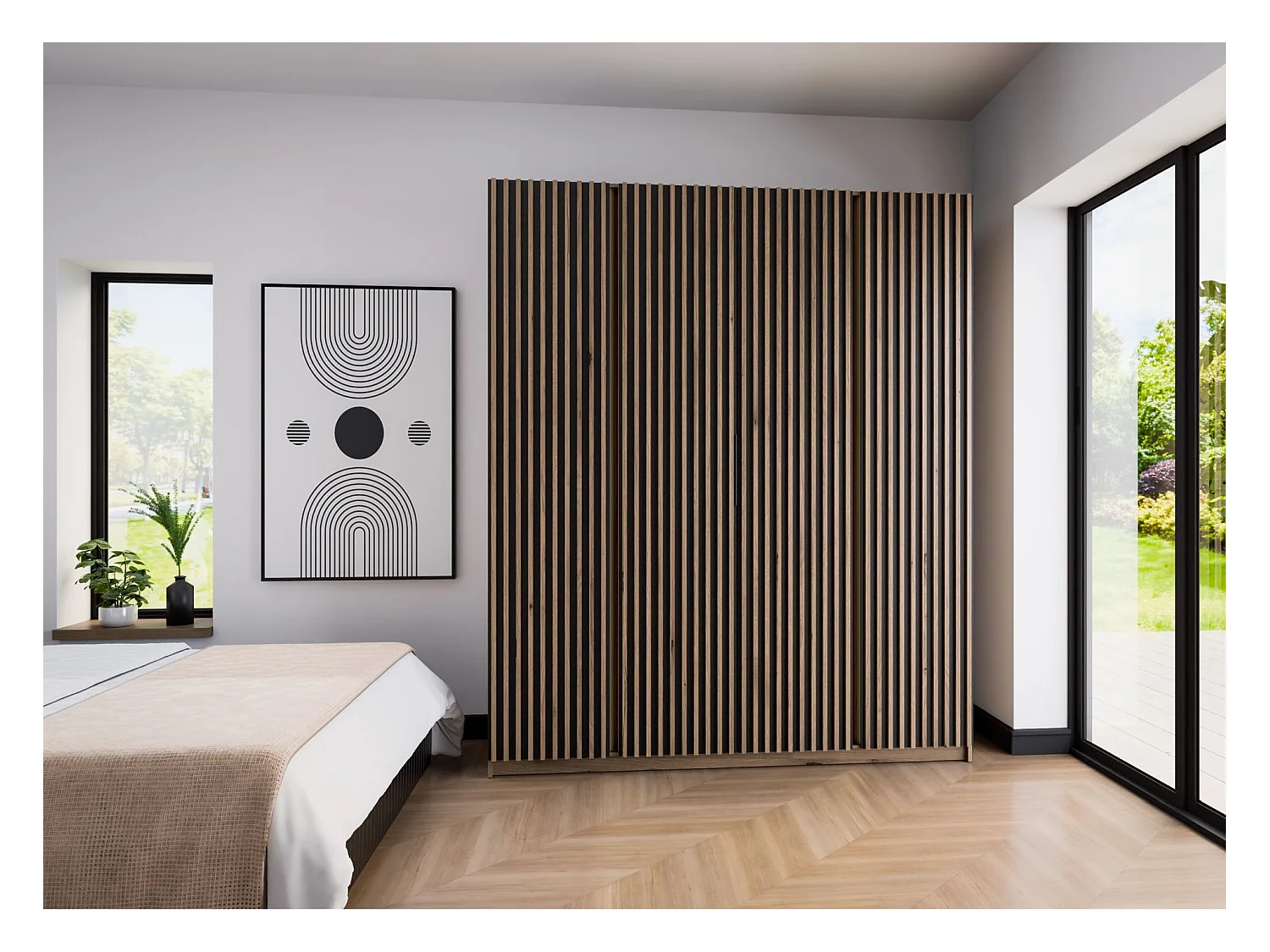 Kleiderschrank mit Lamellen - 200 cm - schwarz/Eiche - KAJA