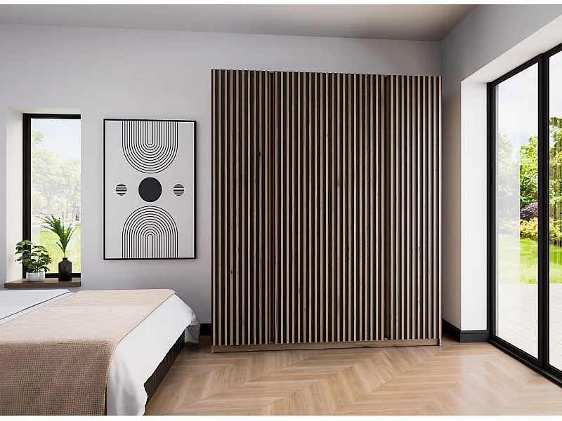 Armoire 4 portes avec lames - 200 cm - noir / chêne evoke - KAJA