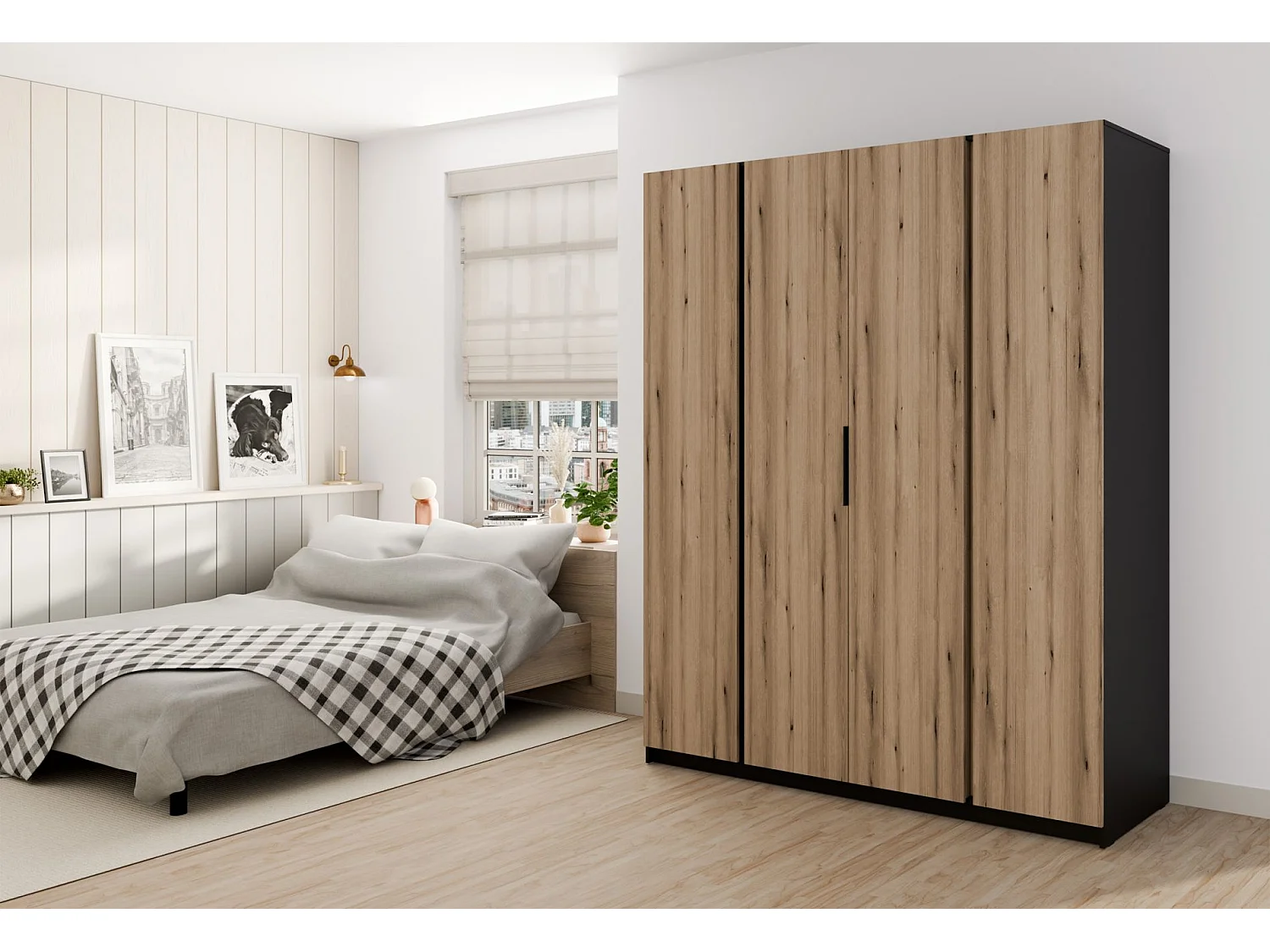 Armoire 4 portes - 200 cm - chêne evoke/noir - KAJA