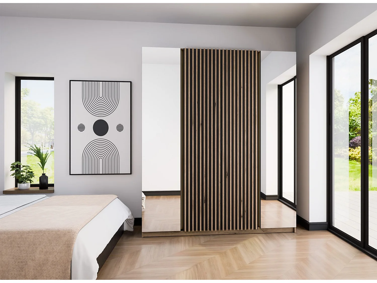 Armoire 4 portes avec lames et 2 miroirs - 200 cm - noir / chêne evoke - KAJA