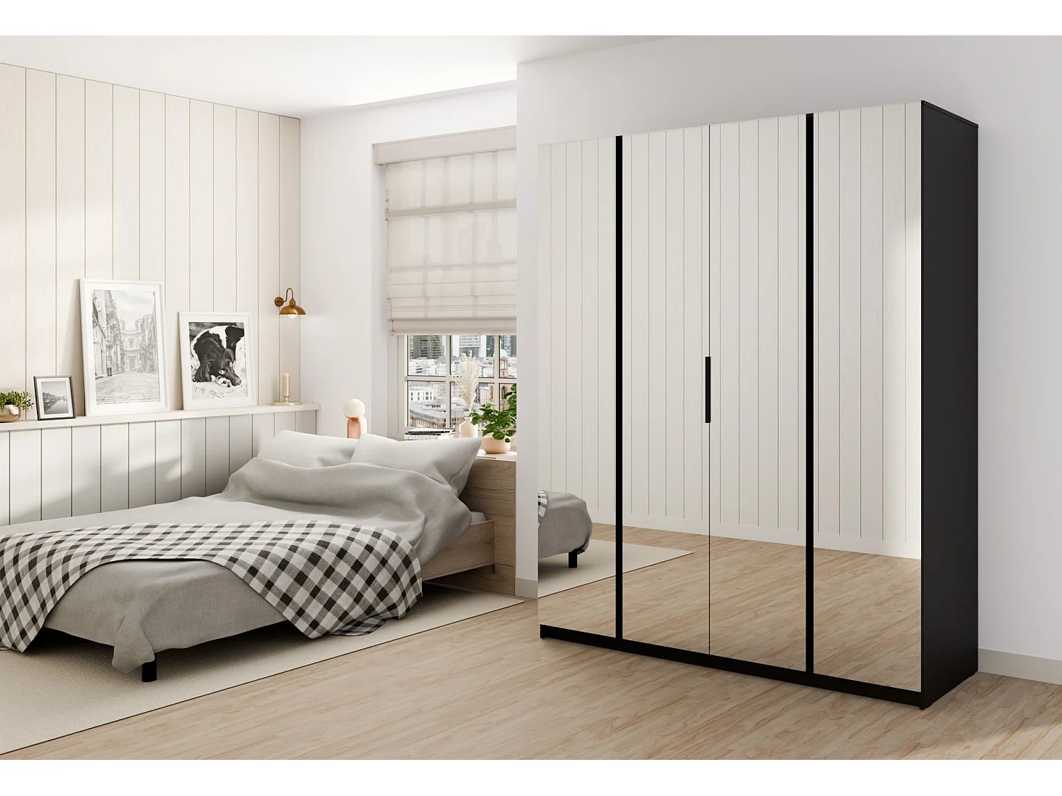 Armoire 4 portes avec miroirs - 200 cm - noir - KAJA